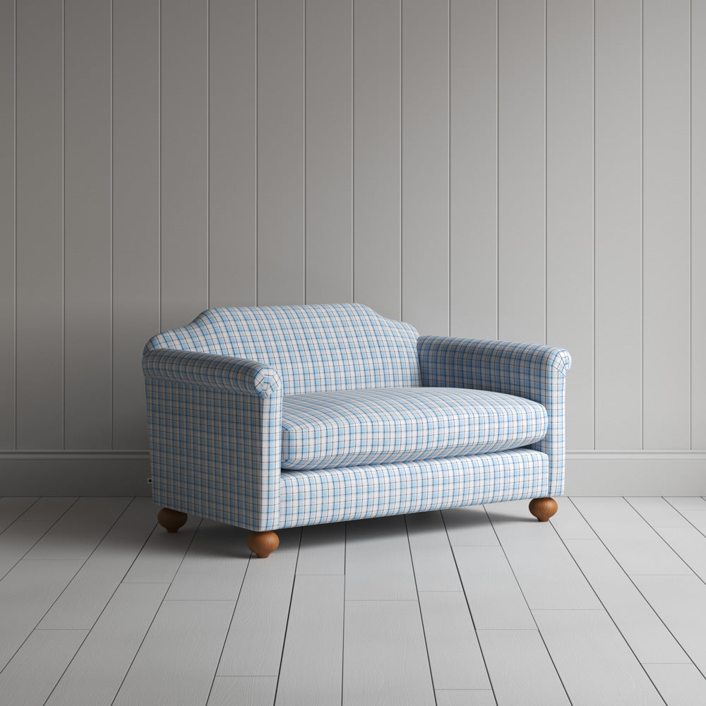  Dolittle Big Love Seat in blue brown square deal cotton, angled view by NiX. 