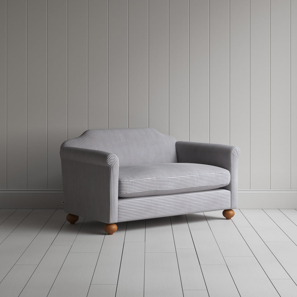  Dolittle Big Love Seat in blue brown ticking cotton, angled view by NiX. 