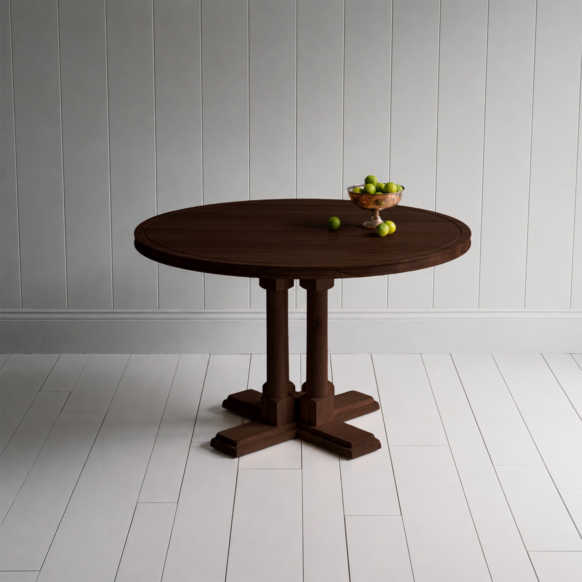  Small beautiful round Smoky Stained Oak Wood dining table, With Fruit basket, manufactured by NiX in London. 