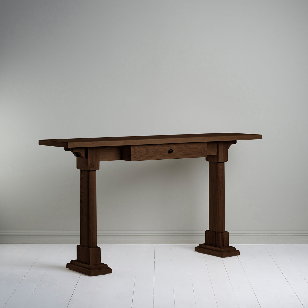 Keepsake Console Table in smoky stained oak with a storage drawer, designed by Nicola Harding & Co.