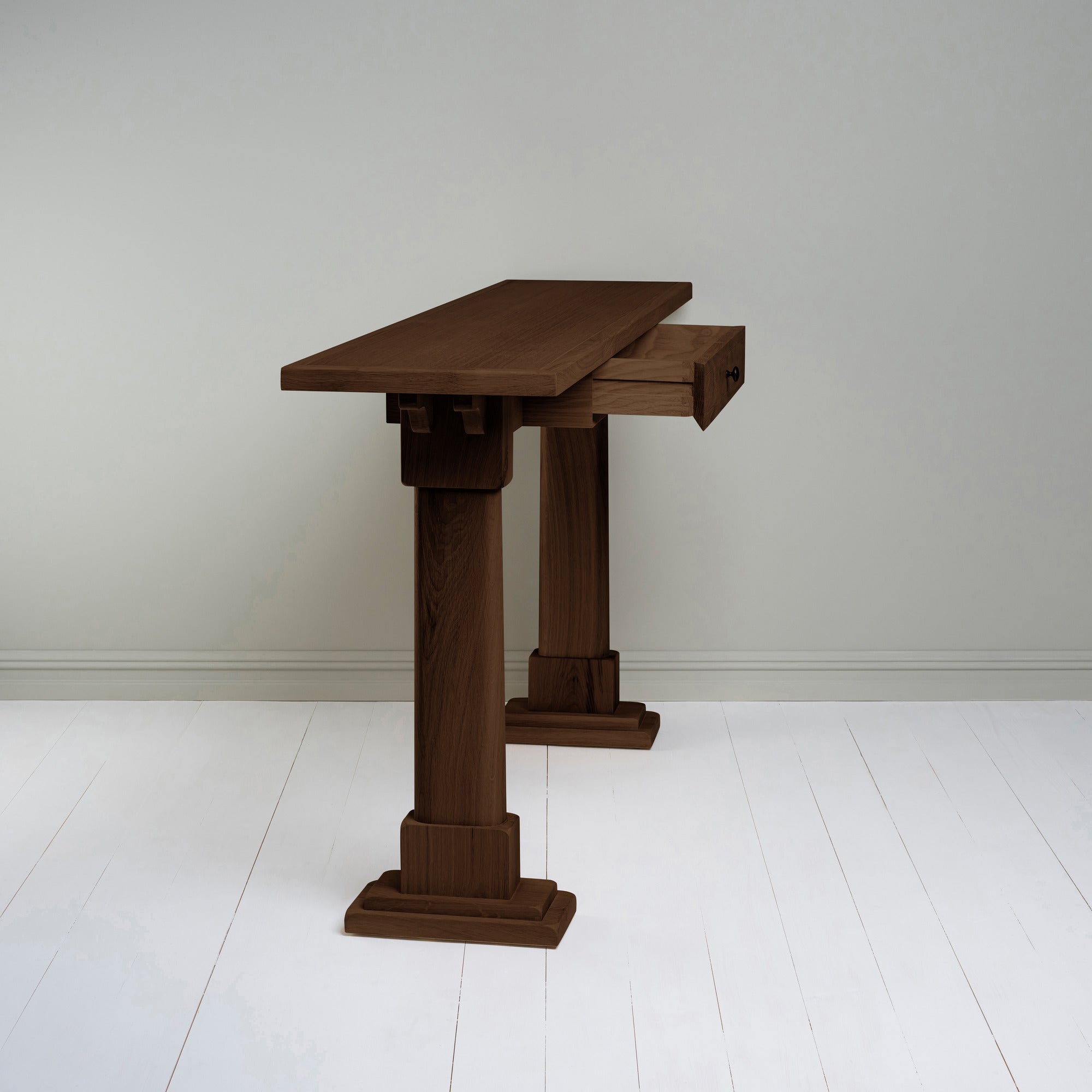  Console Table in smoky stained oak with an open drawer, designed by Nicola Harding & Co. 