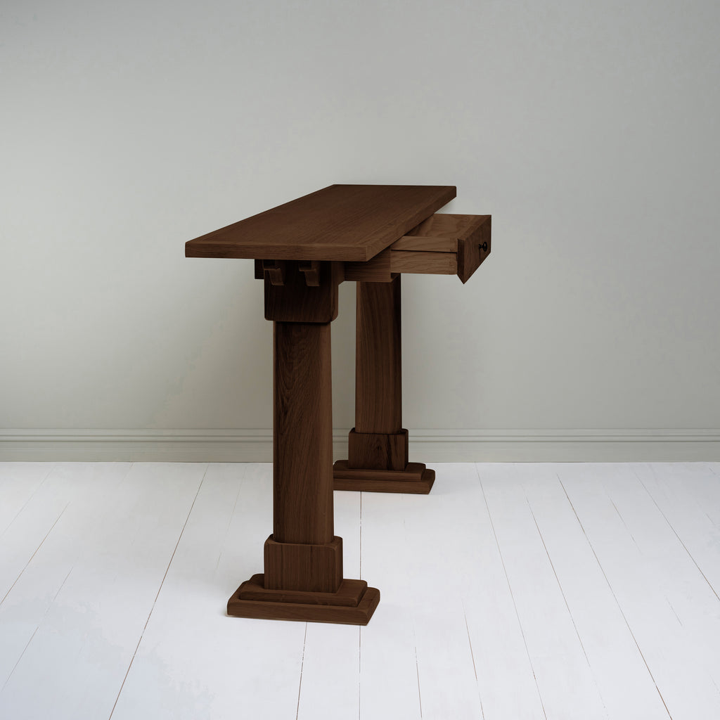  Console Table in smoky stained oak with an open drawer, designed by Nicola Harding & Co. 