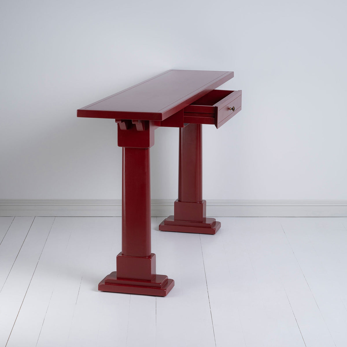 Side View With Open Drawer of Keepsake Red(Pomegranate) Console Table - Nicola Harding