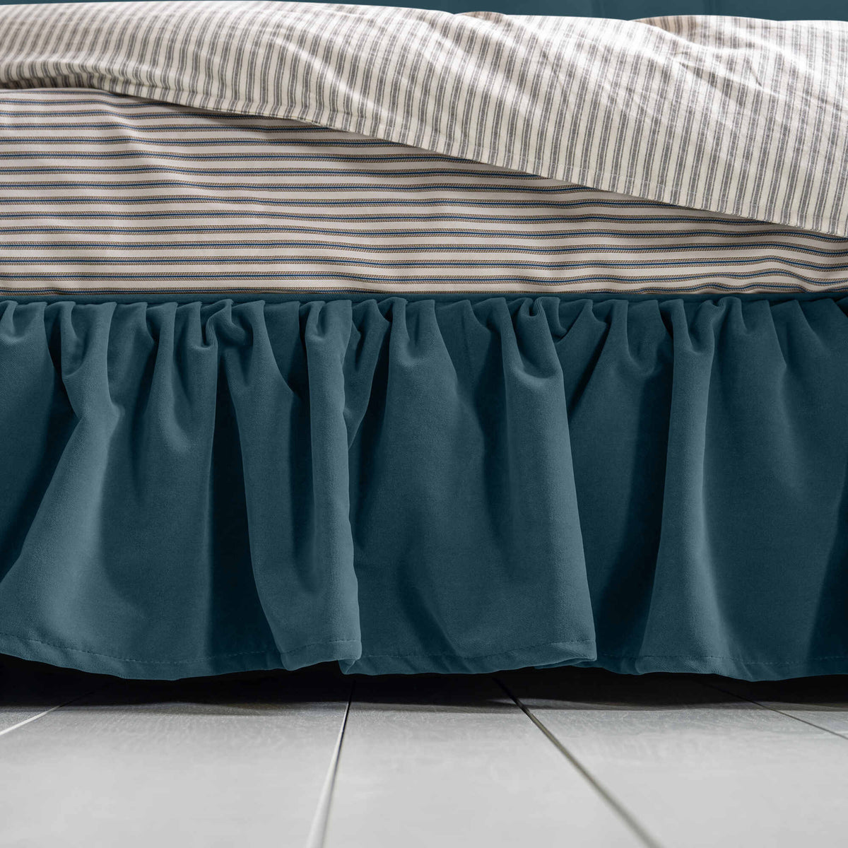 Cloud Nine Upholstered Bed in Intelligent Velvet Aegean with Ruffled Valance
