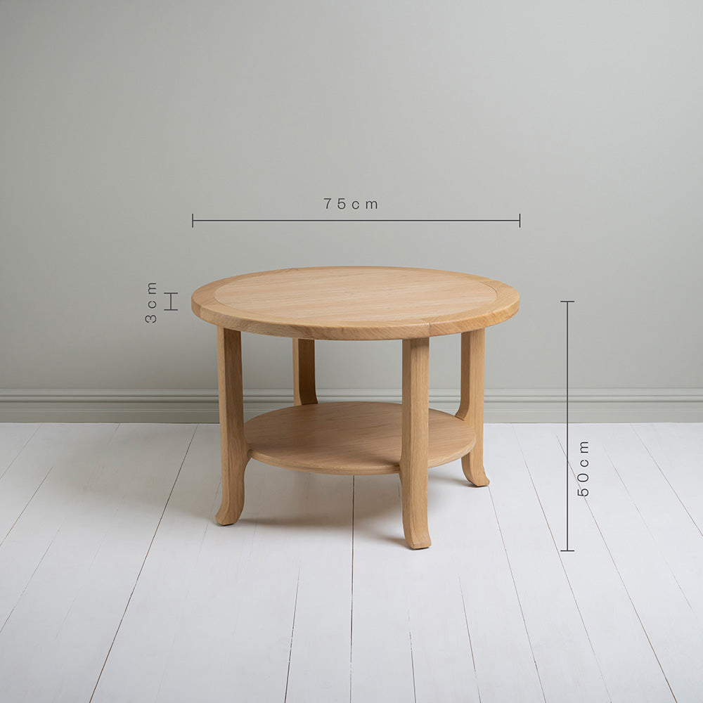 Dimensions of Perk Coffee Table, Oiled Oak Height 50cm, Width 75cm and Shelf thickness 3cm - By NiX 