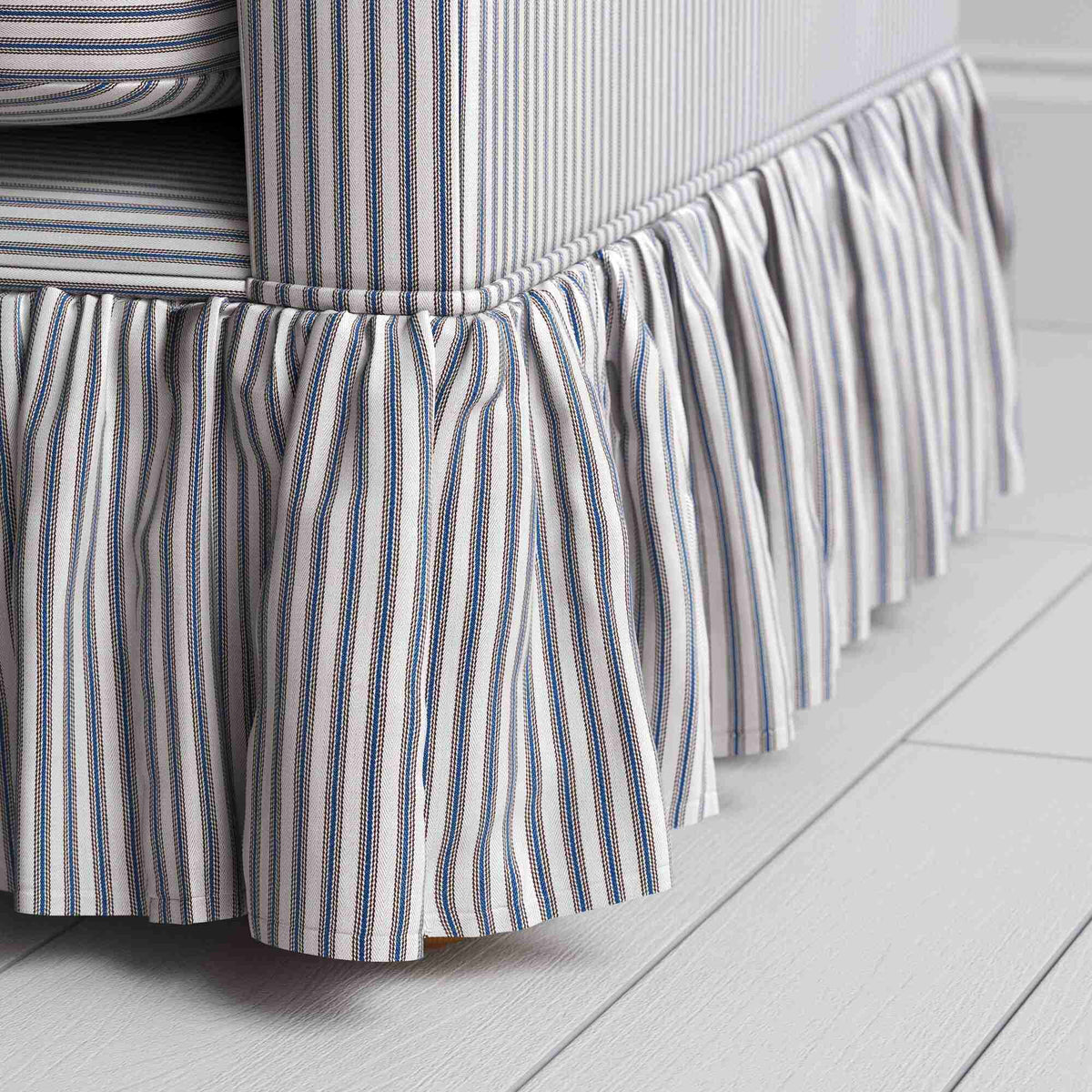 Curtain Call Sofa in Ticking Blue Brown, With Curtain Design Closeup - NiX