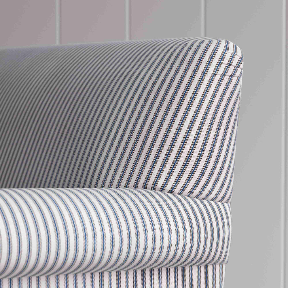Curtain Call Sofa, in Ticking Blue Brown With Arm and Back Design Closeup - NiX
