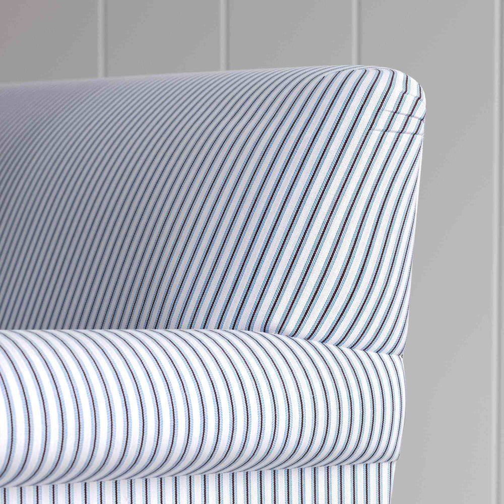 Back profile of a premium striped cotton love seat from the Nicola Harding curtain call collection.