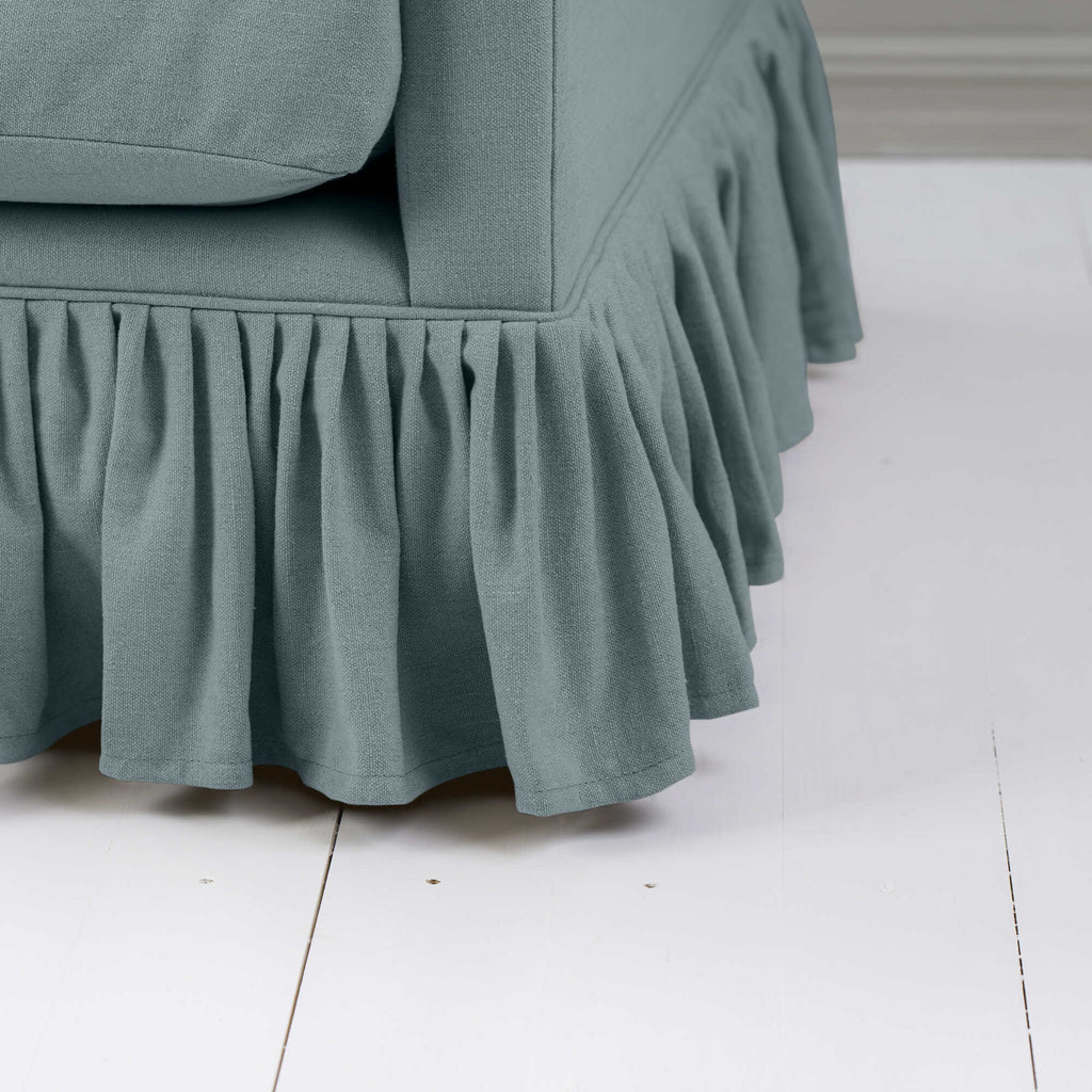  Ruffled skirt detail on Curtain Call love seat in Laidback Linen Cerulean by Nicola Harding 