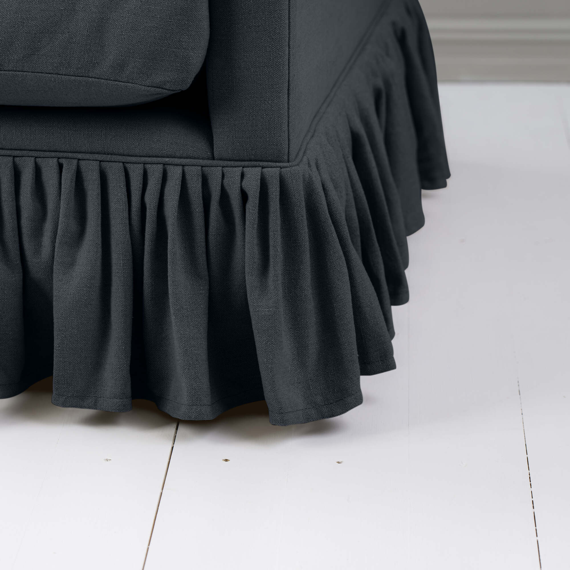  Nicola Harding design traditional dress-skirted love seat valance corner detail. 
