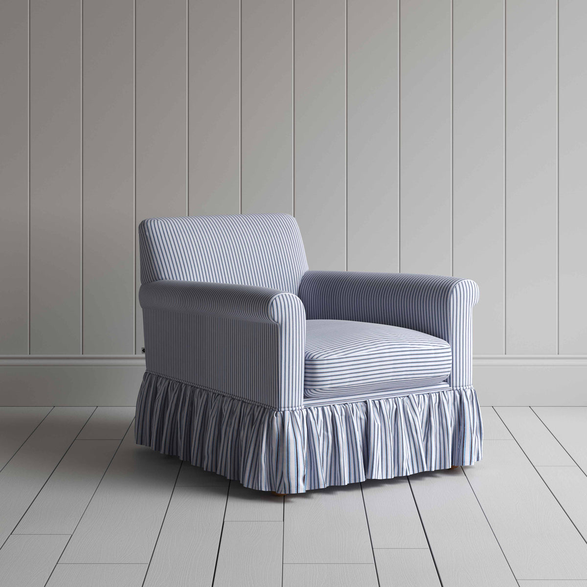 Curtain Call Armchair in Ticking Cotton, Aqua Brown - Nicola Harding