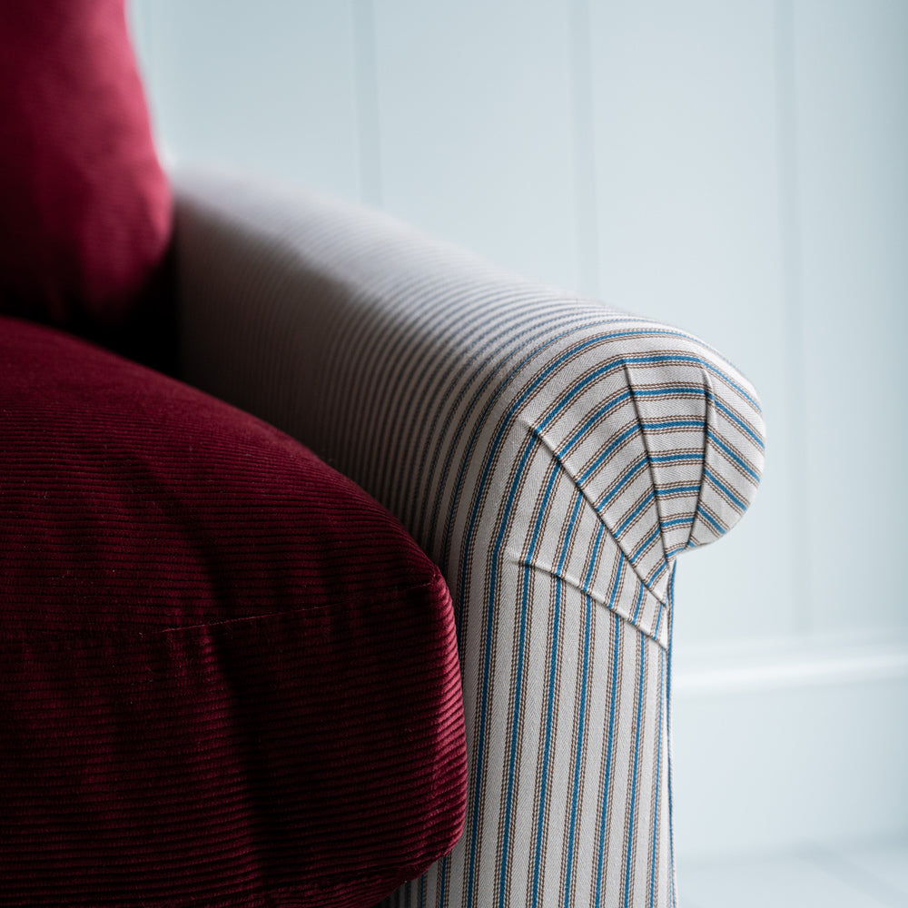  End-of-the-Line - Comfort Zone 3 Seater Sofa in Ticking Blue Brown Frame & Laidback Linen Midnight Seat 