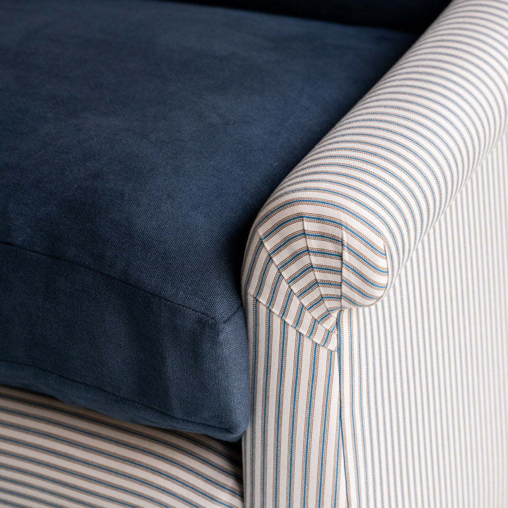  End-of-the-Line - Comfort Zone 3 Seater Sofa in Ticking Blue Brown Frame & Laidback Linen Midnight Seat 