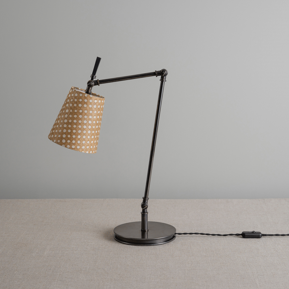"Adjustable Focused Table Lamp Base in Waxed Brass Showing Height and Direction Adjustment of Lampshade – GIF