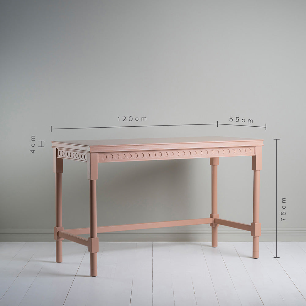  Dimensions of pink Table height 75cm, length 120cm, Width 55cm, Shelf thickness 4cm By NiX Studio in London 