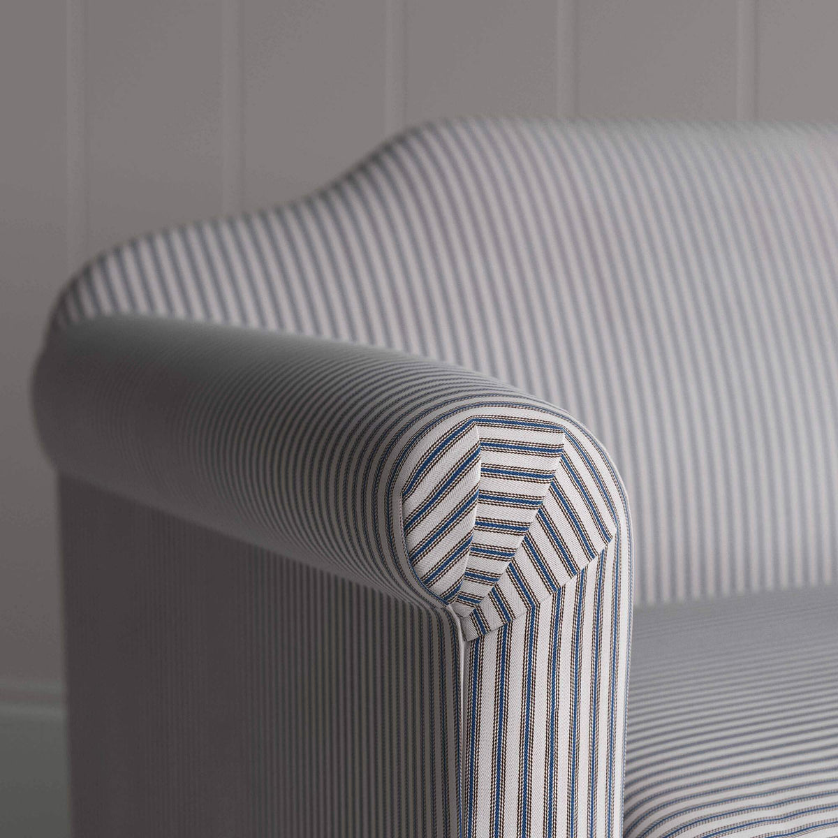 Dolittle in Ticking Cotton, Blue Brown, Arm Design Closeup - Nicola Harding
