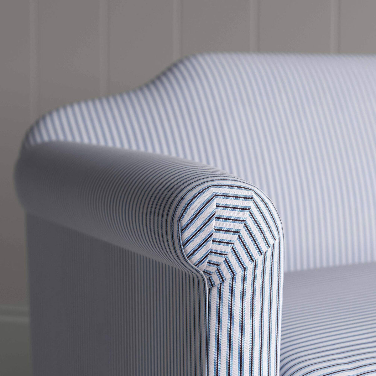 Dolittle Big Love Seat close-up detail of ticking cotton armrest by NiX.