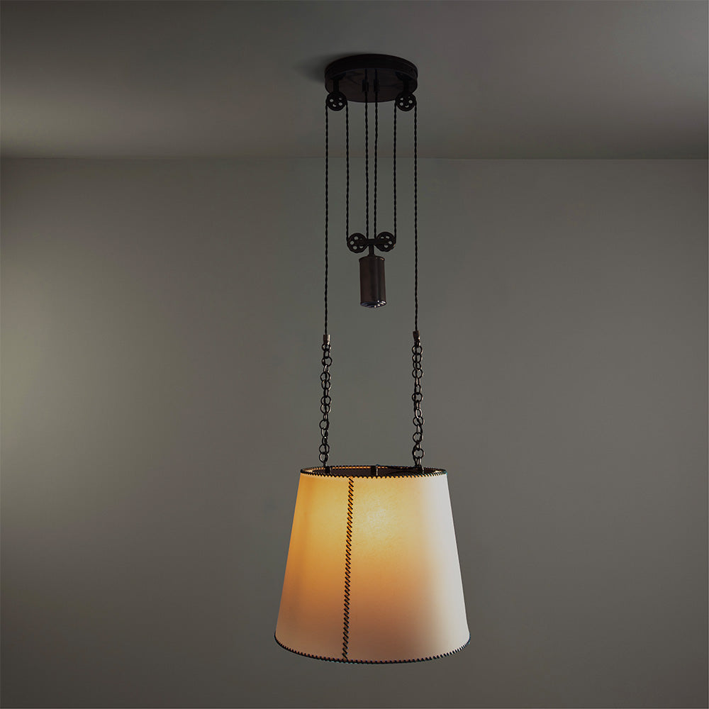 Double Rise Pendant, Brass with Empire Natural Parchment Lamp Shade with Blue Stitching