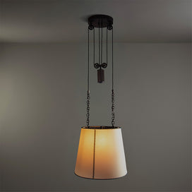 Double Rise Pendant, Brass with Empire Natural Parchment Lamp Shade with Blue Stitching