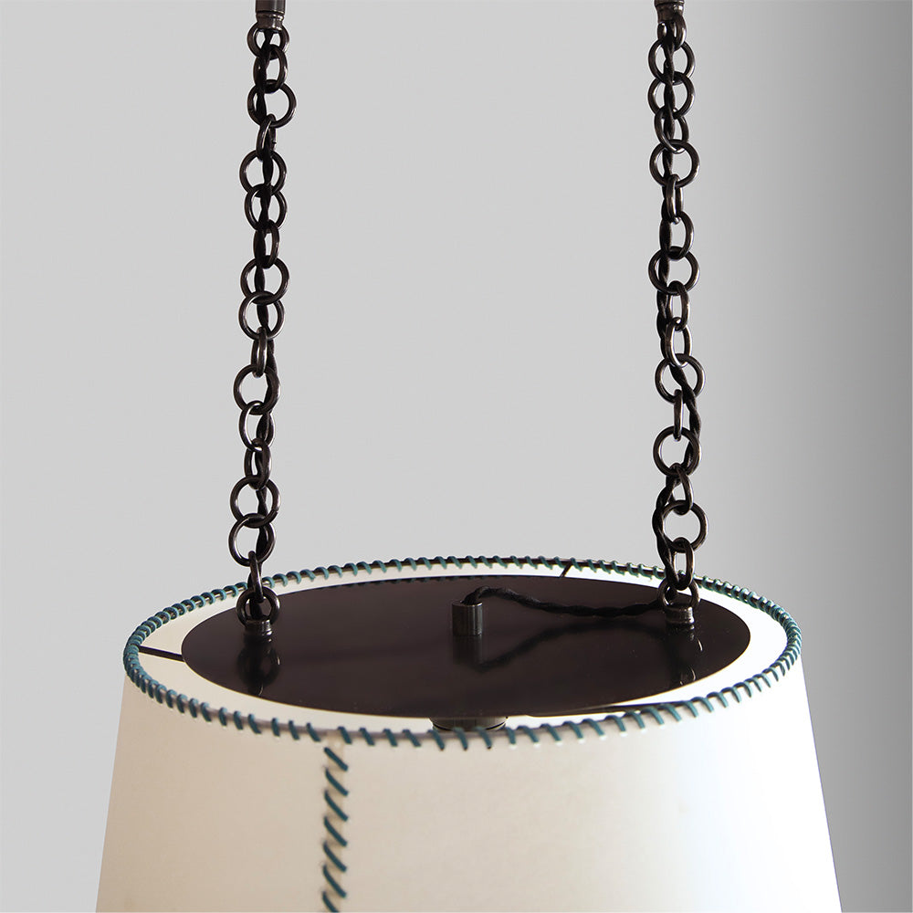 Double Rise Pendant, Brass with Empire Natural Parchment Lamp Shade with Blue Stitching
