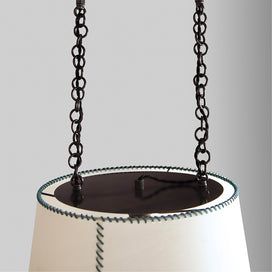 Double Rise Pendant, Brass with Empire Natural Parchment Lamp Shade with Blue Stitching