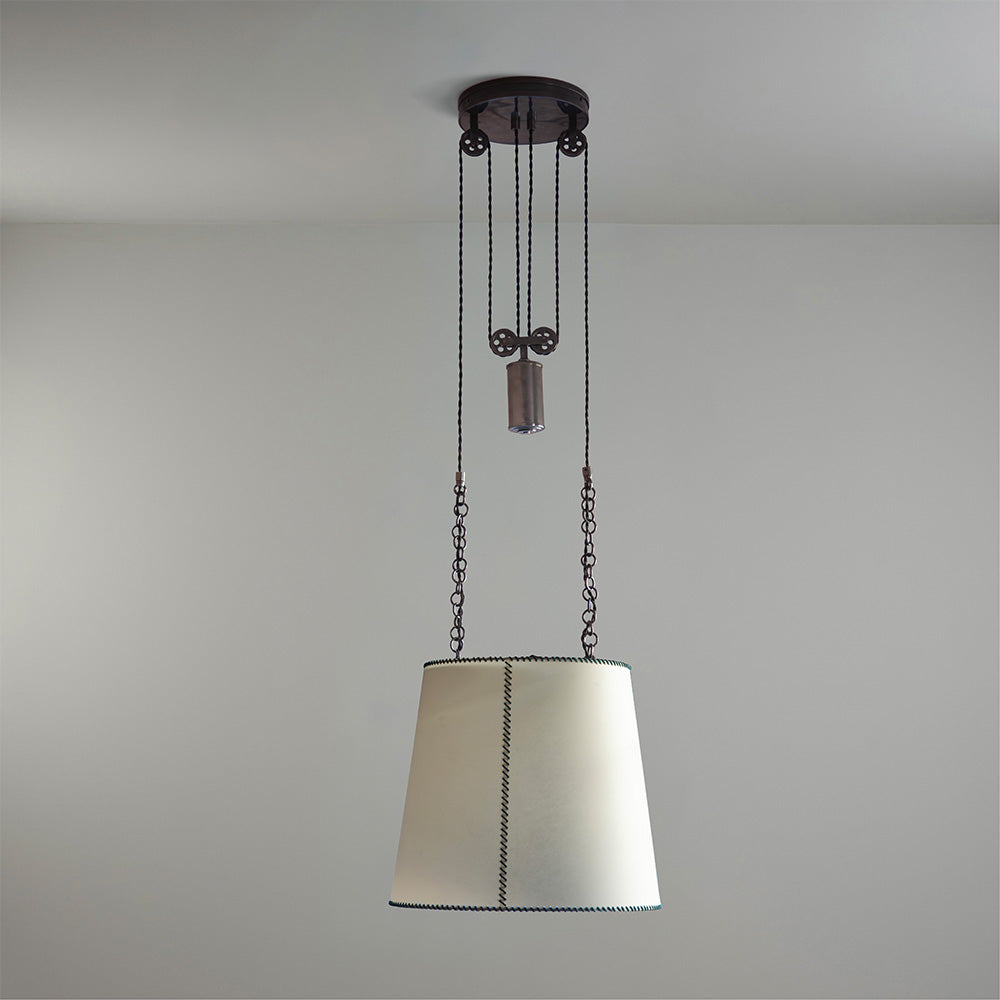 Double Rise Pendant, Brass with Empire Natural Parchment Lamp Shade with Blue Stitching