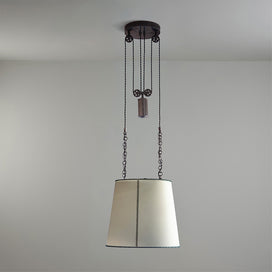 Double Rise Pendant, Brass with Empire Natural Parchment Lamp Shade with Blue Stitching