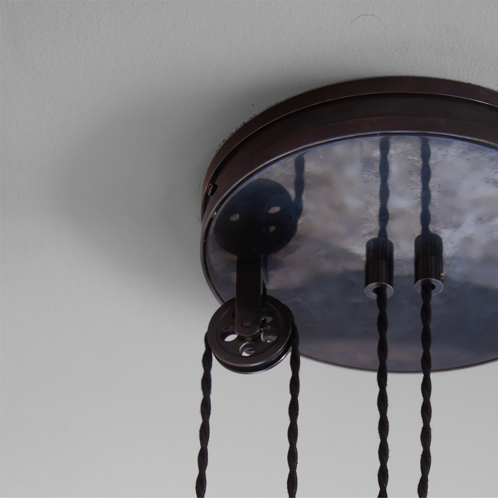 Double Rise Pendant, Brass with Empire Natural Parchment Lamp Shade with Blue Stitching