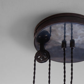 Double Rise Pendant, Brass with Empire Natural Parchment Lamp Shade with Blue Stitching