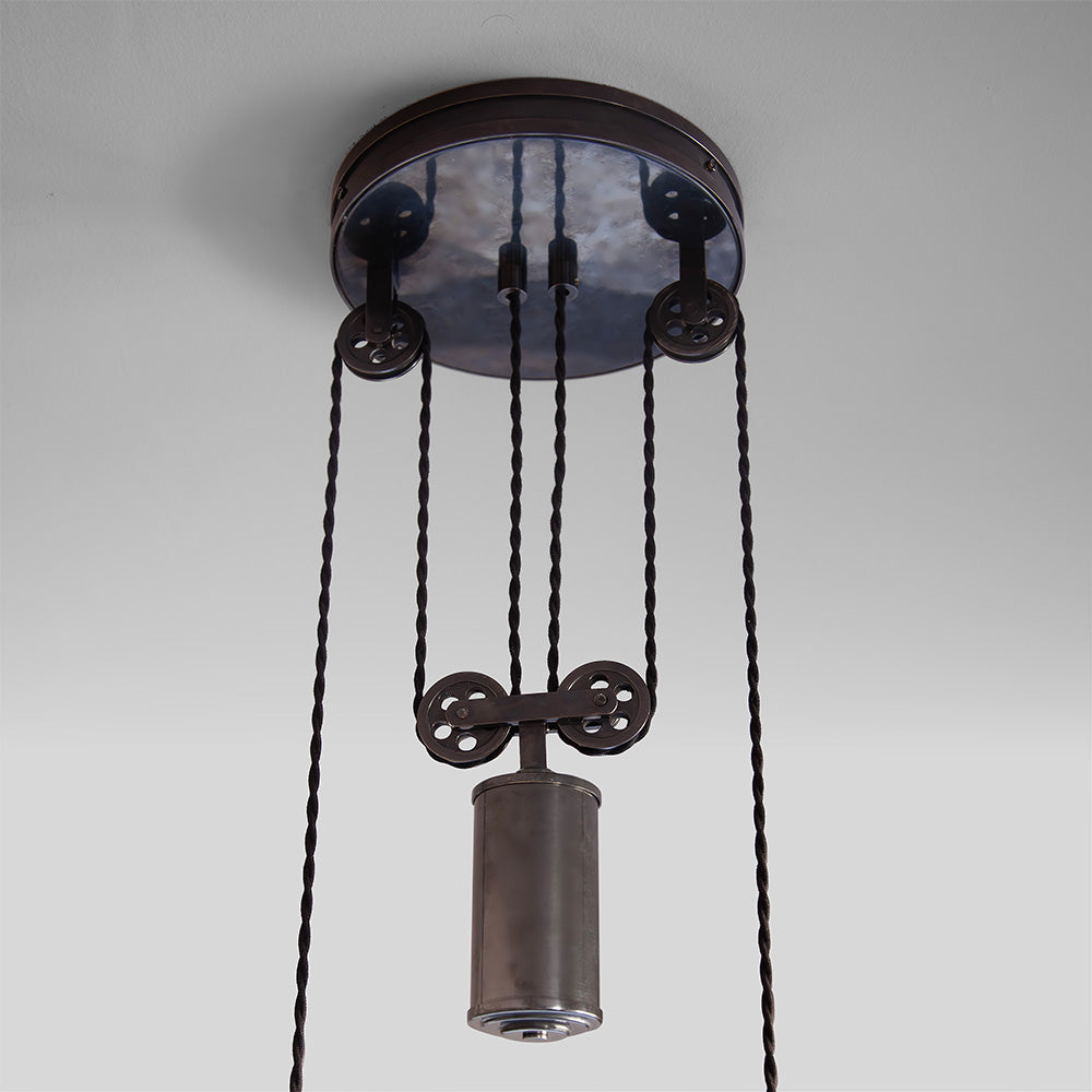 Double Rise Pendant, Brass with Empire Natural Parchment Lamp Shade with Blue Stitching
