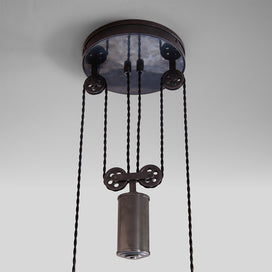 Double Rise Pendant, Brass with Empire Natural Parchment Lamp Shade with Blue Stitching