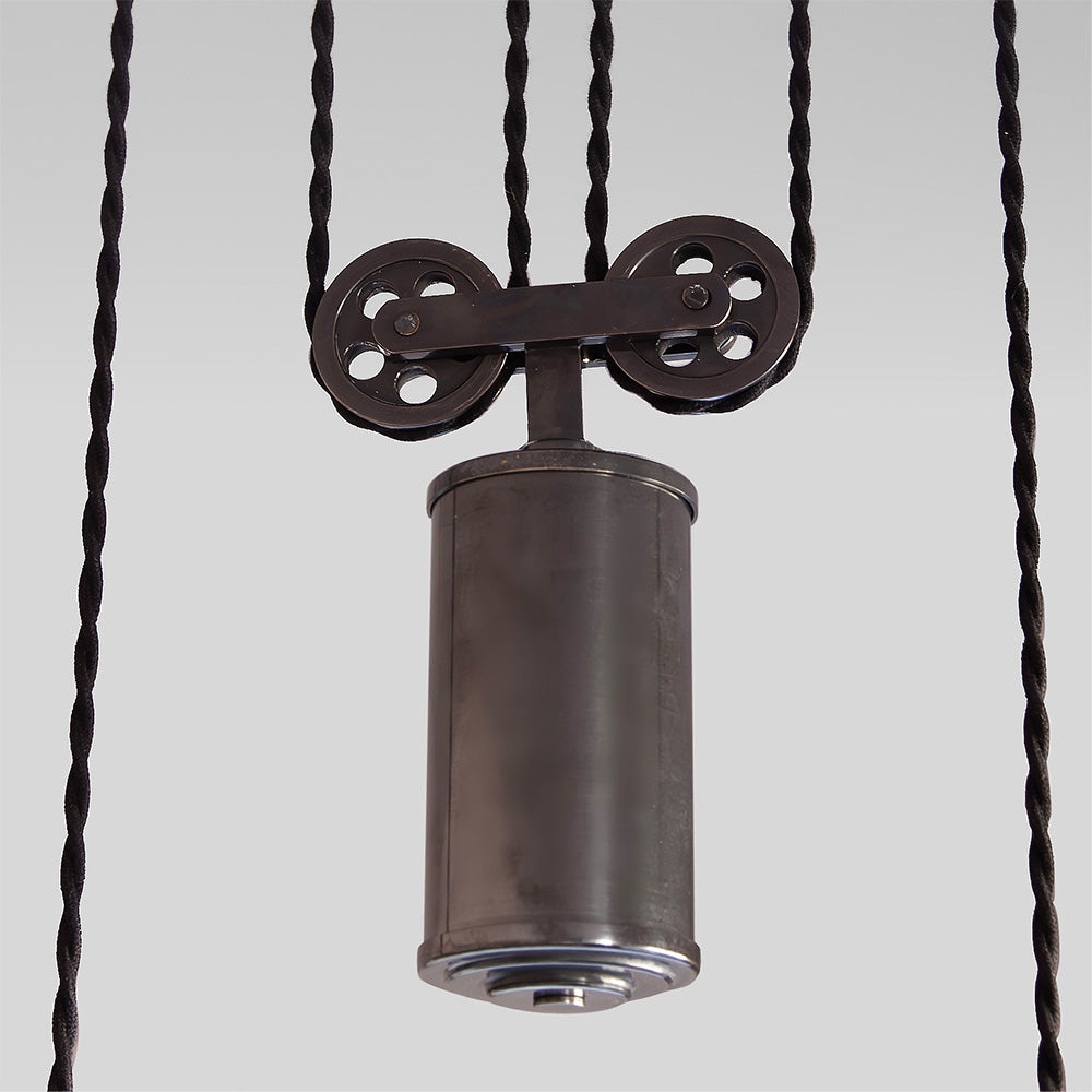 Double Rise Pendant, Brass with Empire Natural Parchment Lamp Shade with Blue Stitching