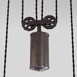 Double Rise Pendant, Brass with Empire Natural Parchment Lamp Shade with Blue Stitching