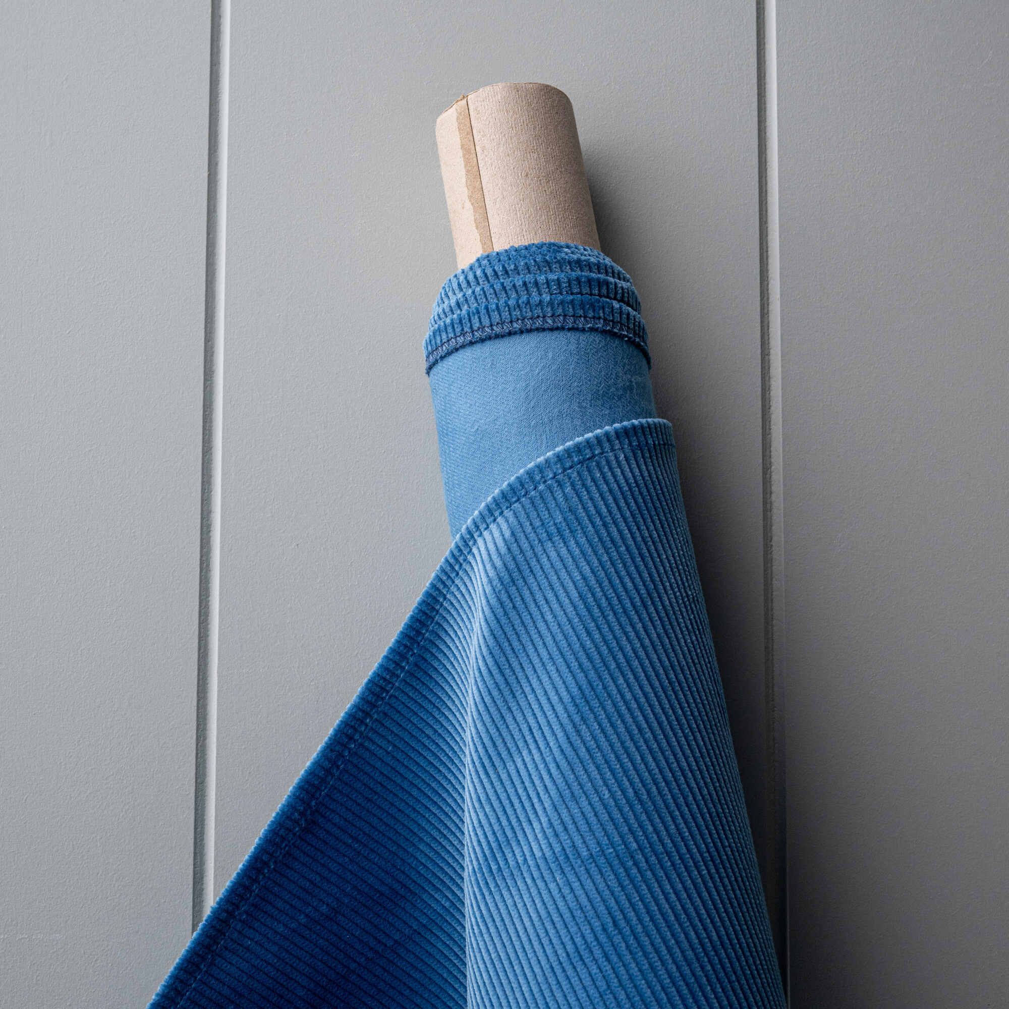  Roll of Harbour Blue Classic Corduroy fabric for bespoke Nicola Harding upholstery. 