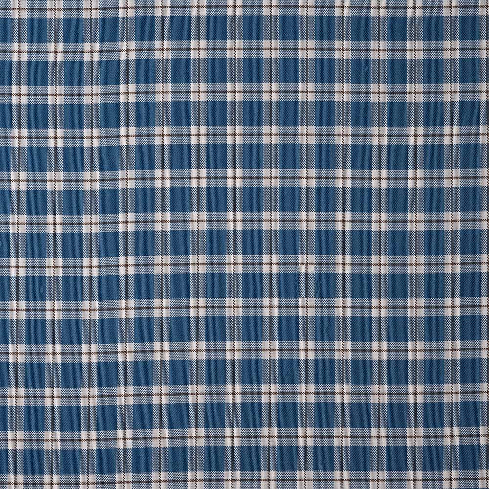  Flat-lay of the textured blue brown plaid cotton material used in Nix upholstery designs. 