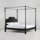 Folly Four Poster Bed in Jet Black Side View with Mattress and Pillows - Nicola Harding