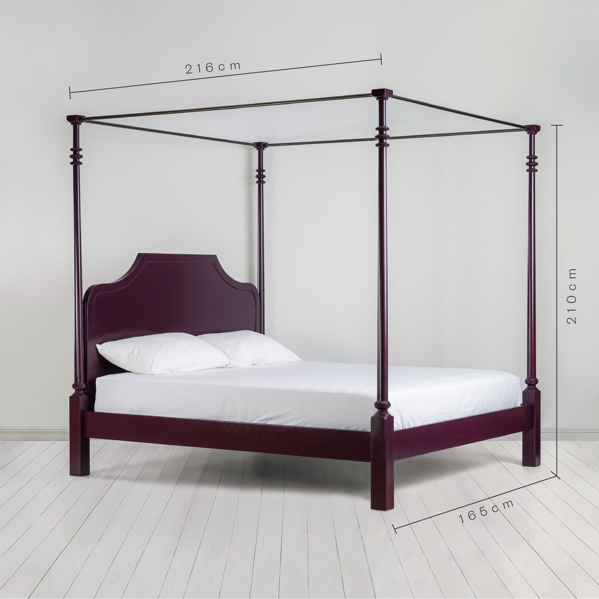  Folly Four Poster Bed in Plum | Dimensions: Height 210 cm, Width 165 cm, Length 216 cm (King Size) - By Nicola Harding & Co. 