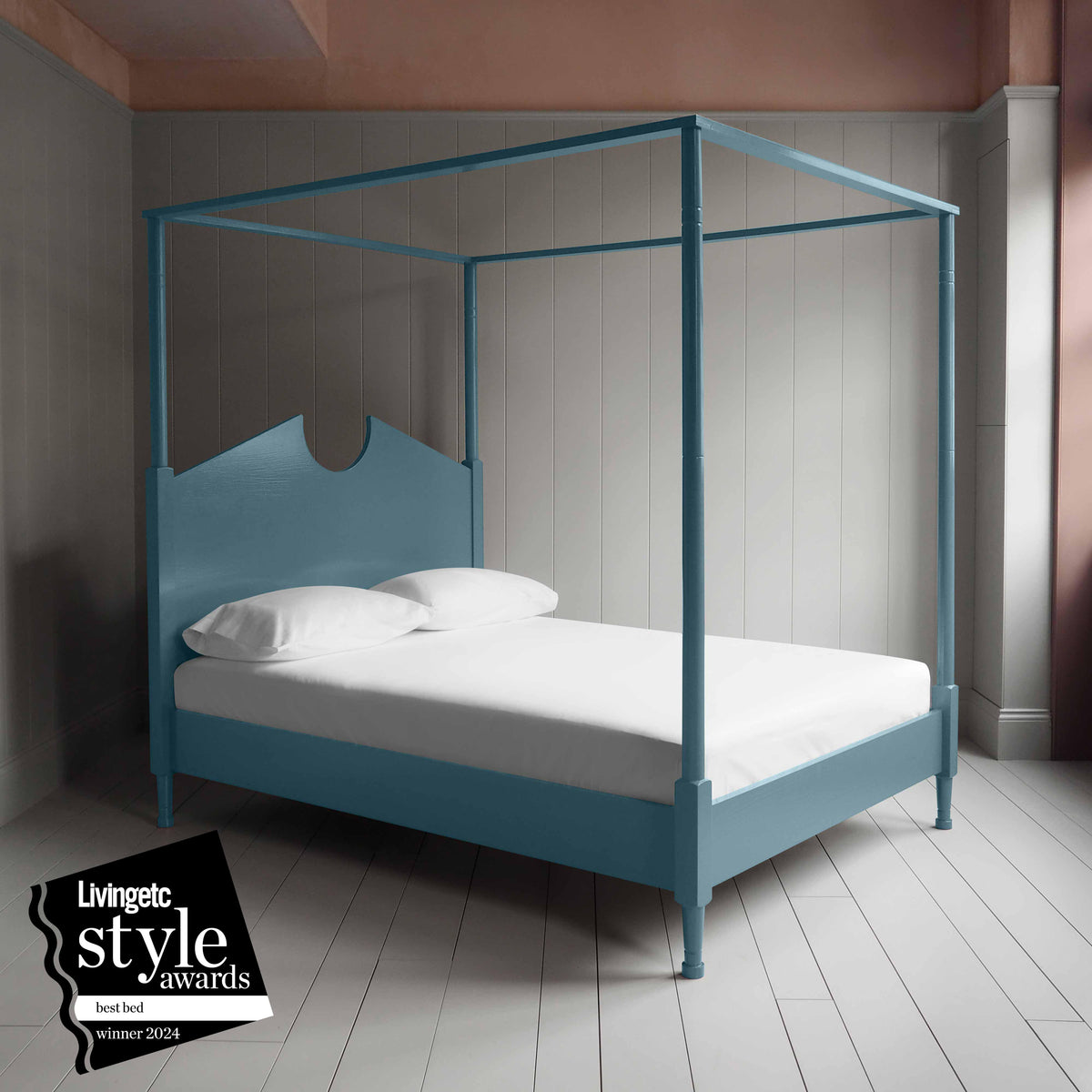 Out for the Count Four Poster Bed in Marine Blue Award Winner from Livingetc Style Awards of best bed 2024 - NiX