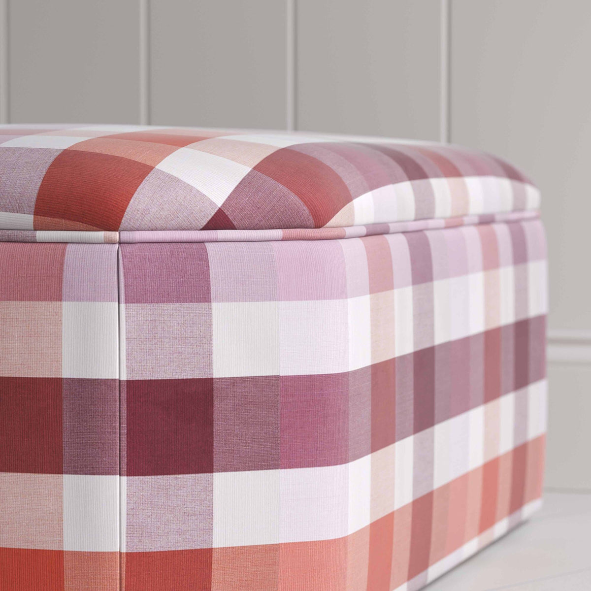 Ottoman in Checkmate Cotton, Berry, Design Closeup - Nicola Harding