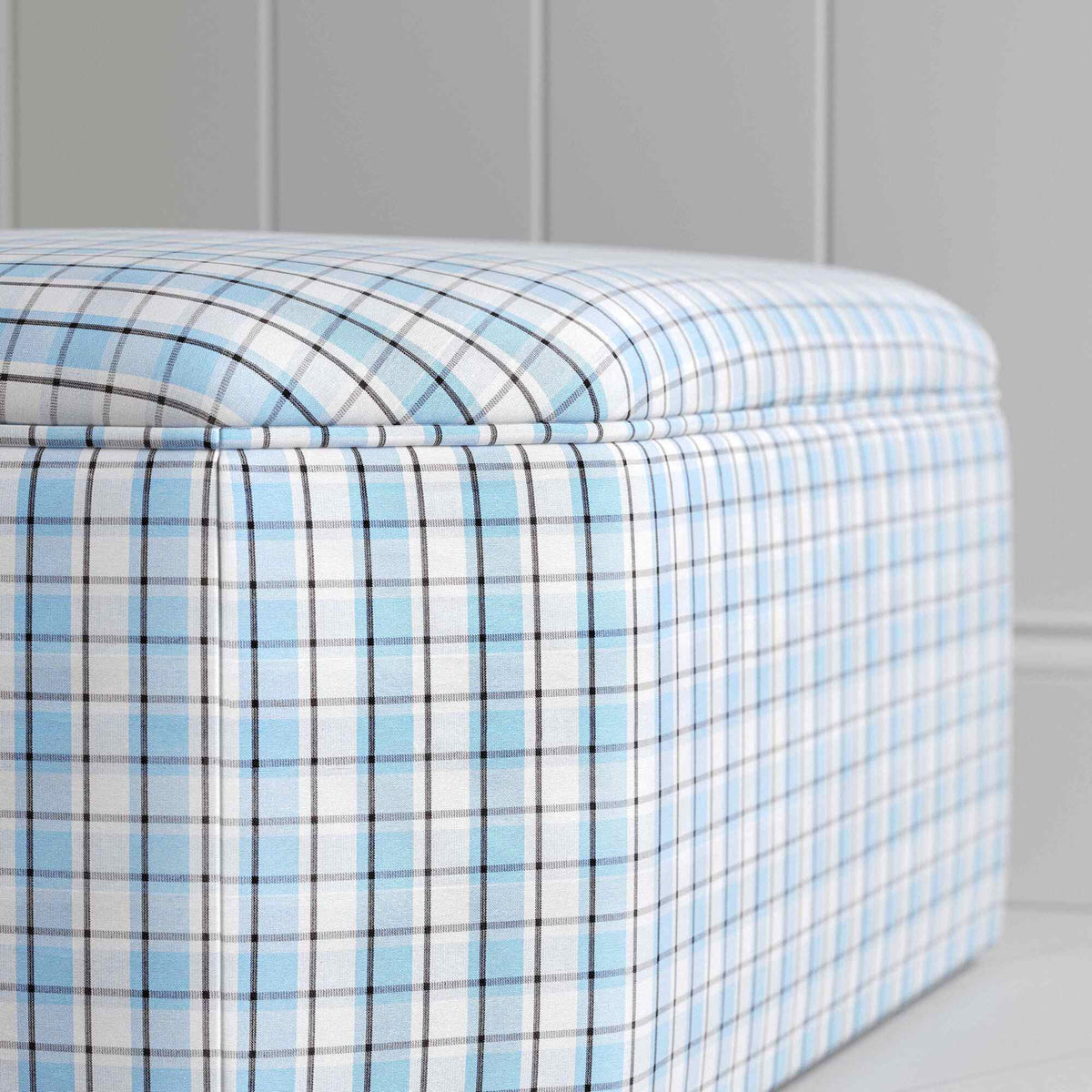 Design Closeup of Ottoman in Square Deal Cotton, Blue Brown - By Nicola Harding & Co.