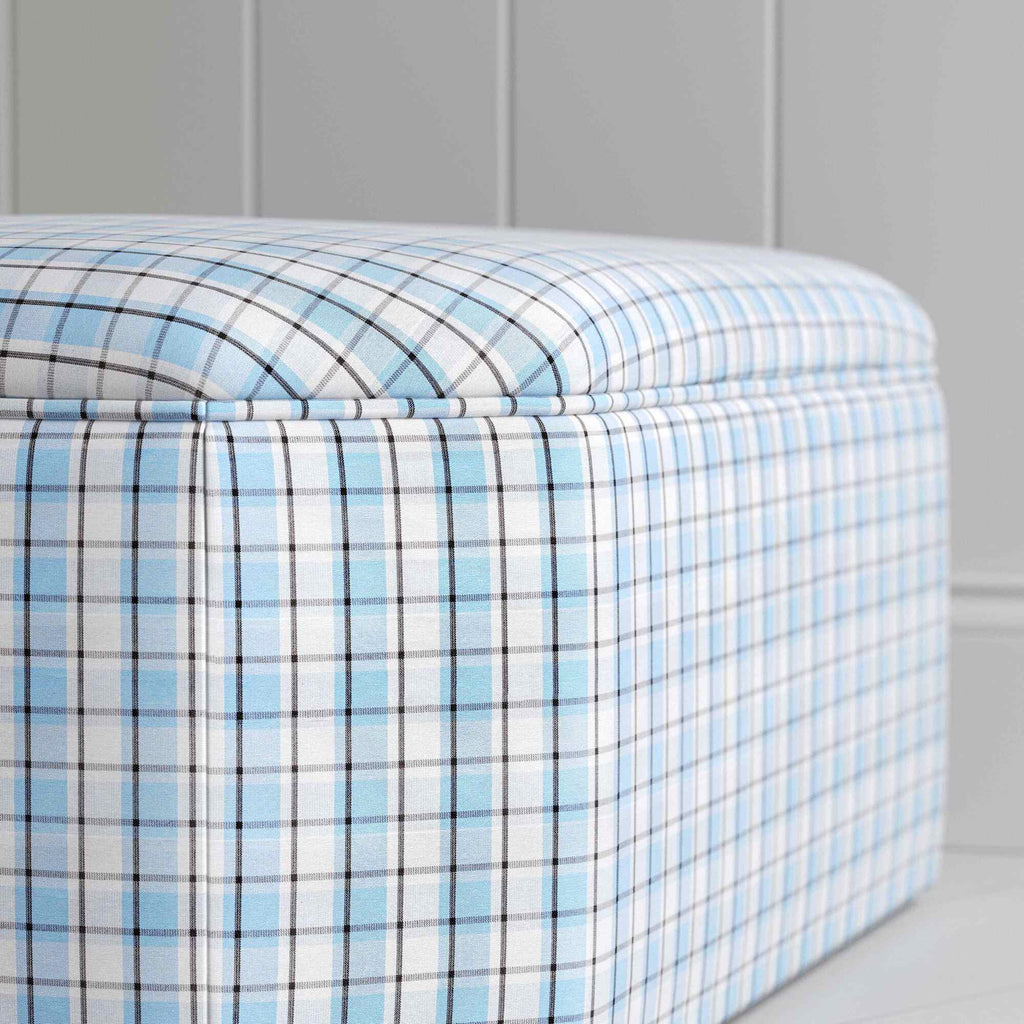  Design Closeup of Ottoman in Square Deal Cotton, Blue Brown - By Nicola Harding & Co. 