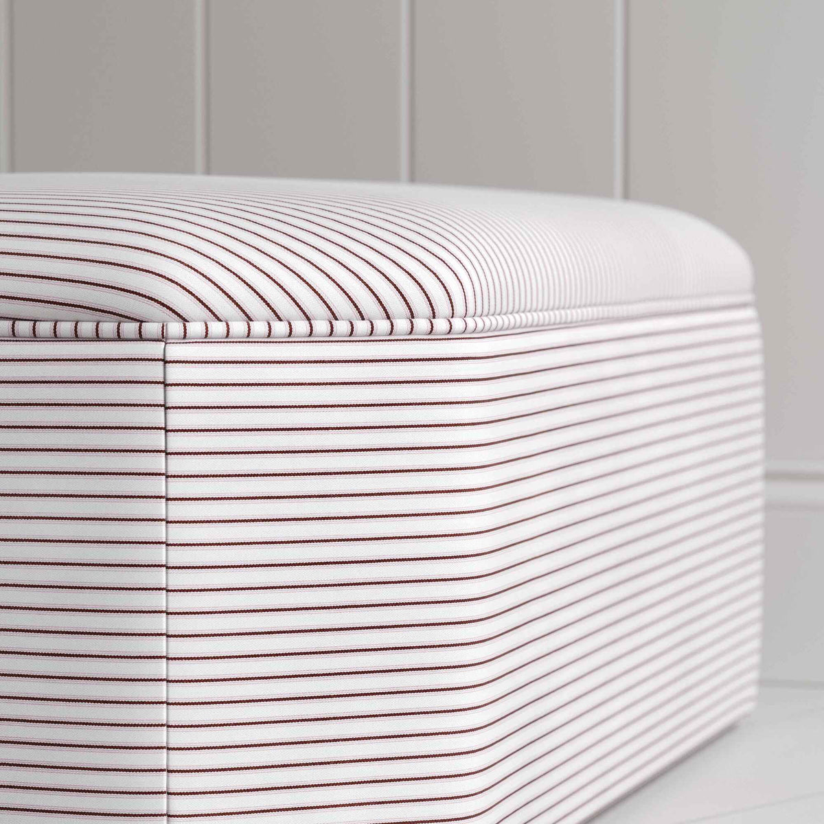 Design Closeup of Hither Hexagonal Ottoman in Ticking Cotton, Berry - Nicola Harding