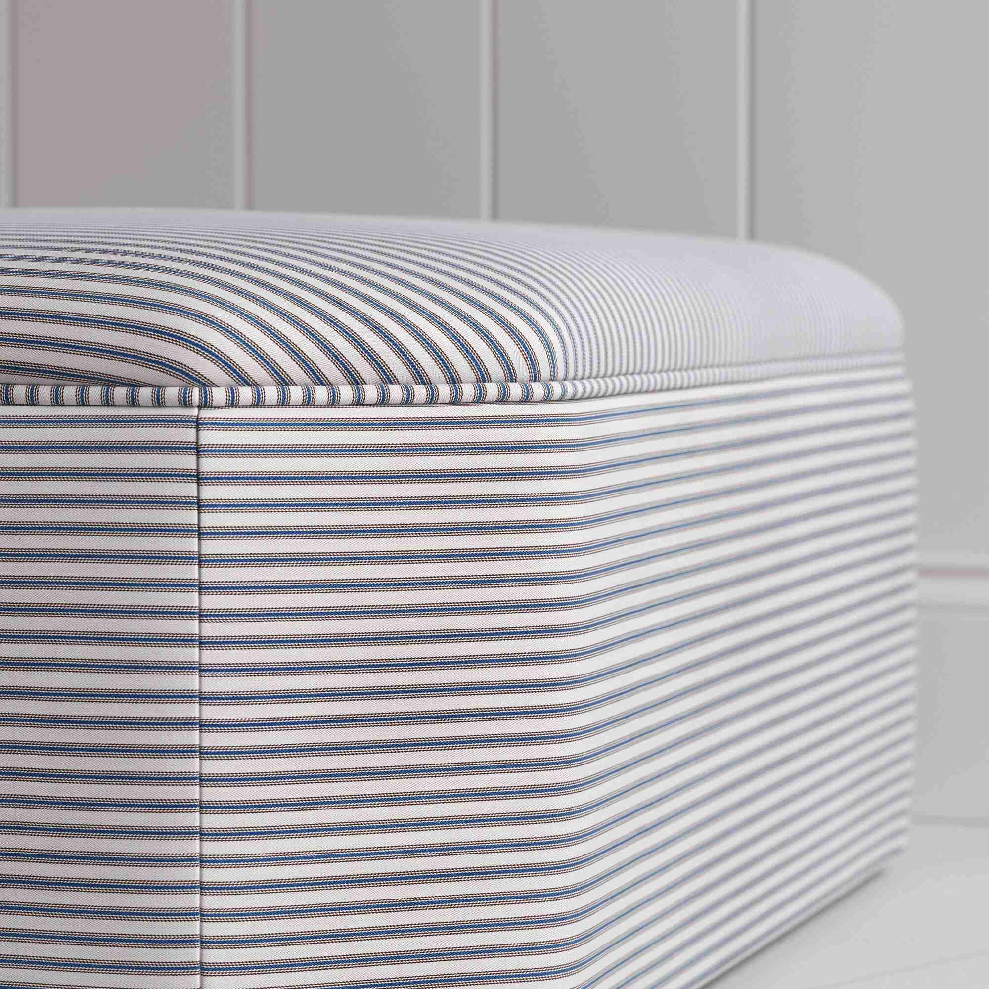  Design Closeup of Ottoman in Ticking Cotton, Blue Brown - NiX 