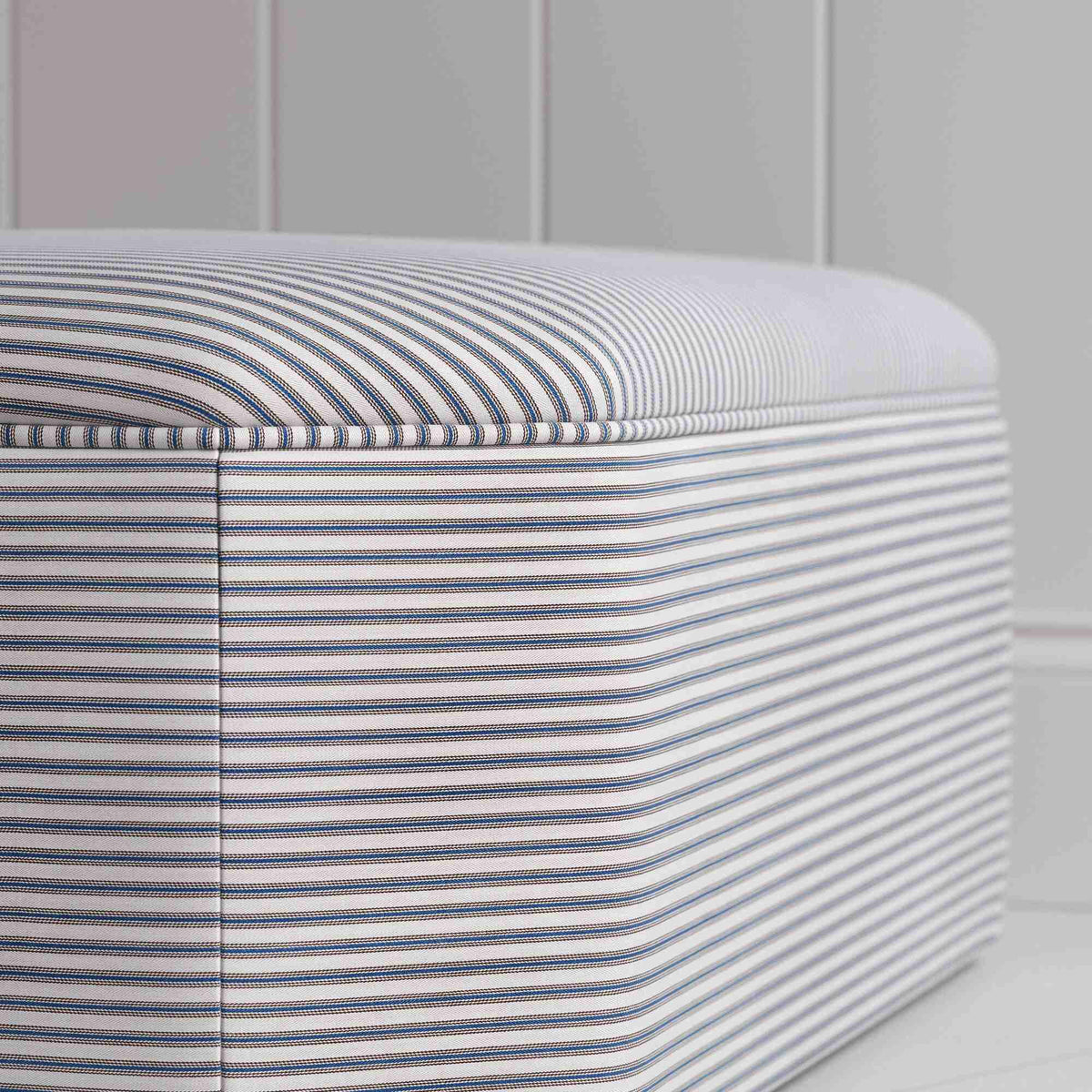 Design Closeup of Ottoman in Ticking Cotton, Blue Brown - NiX