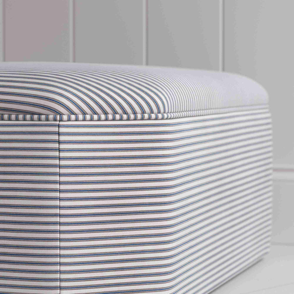  Design Closeup of Ottoman in Ticking Cotton, Blue Brown - NiX 