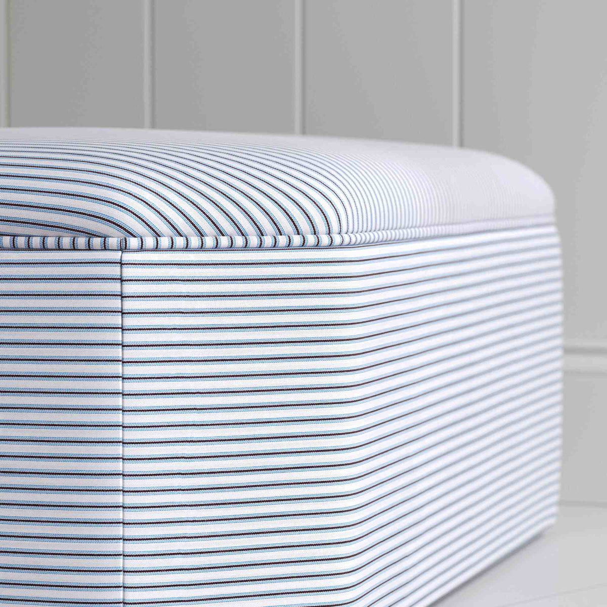 Design Closeup of Ottoman in Ticking Cotton, Aqua Brown - NiX