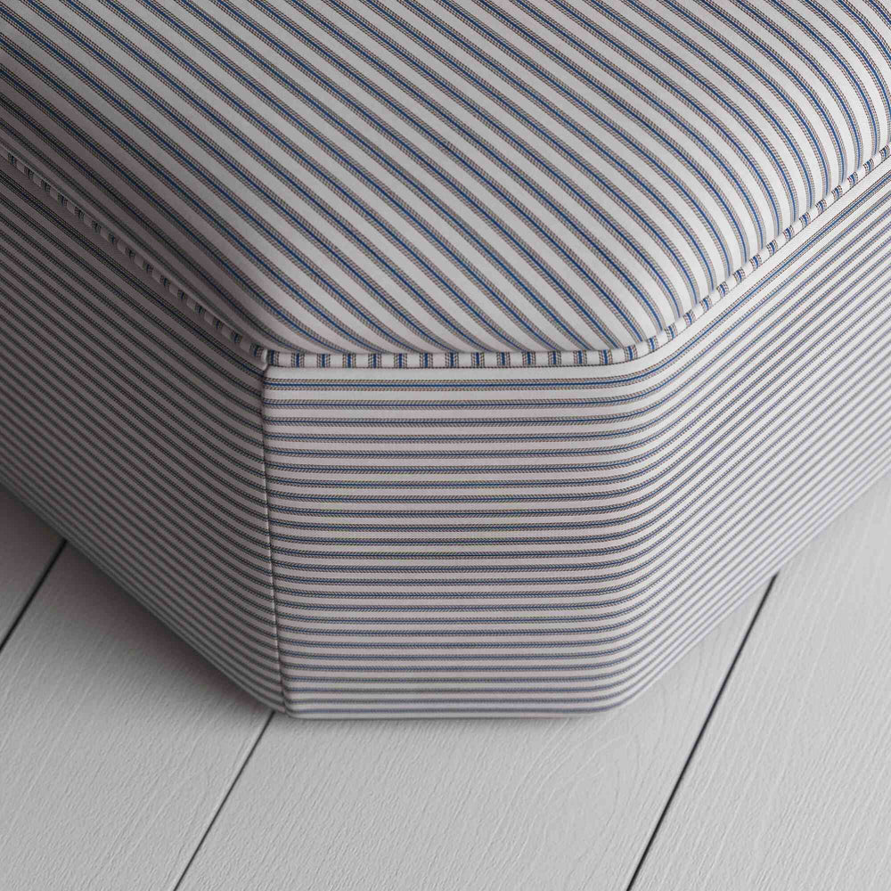 Design View from top of Ottoman in Ticking Cotton, Blue Brown - Nicola Harding