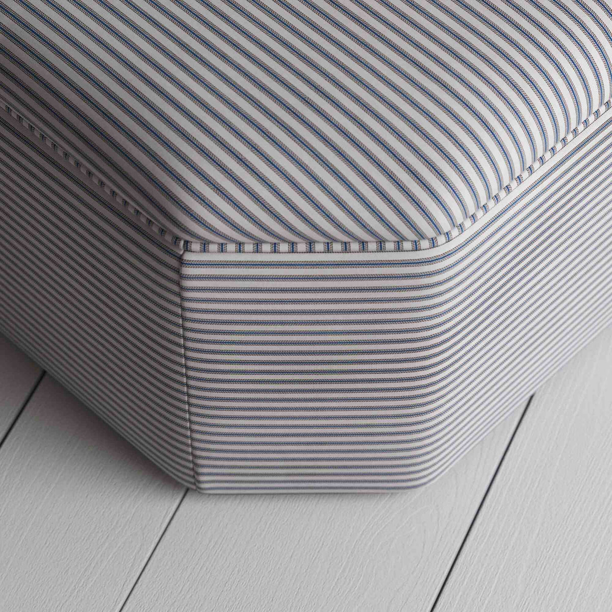 Design View from top of Ottoman in Ticking Cotton, Blue Brown - Nicola Harding