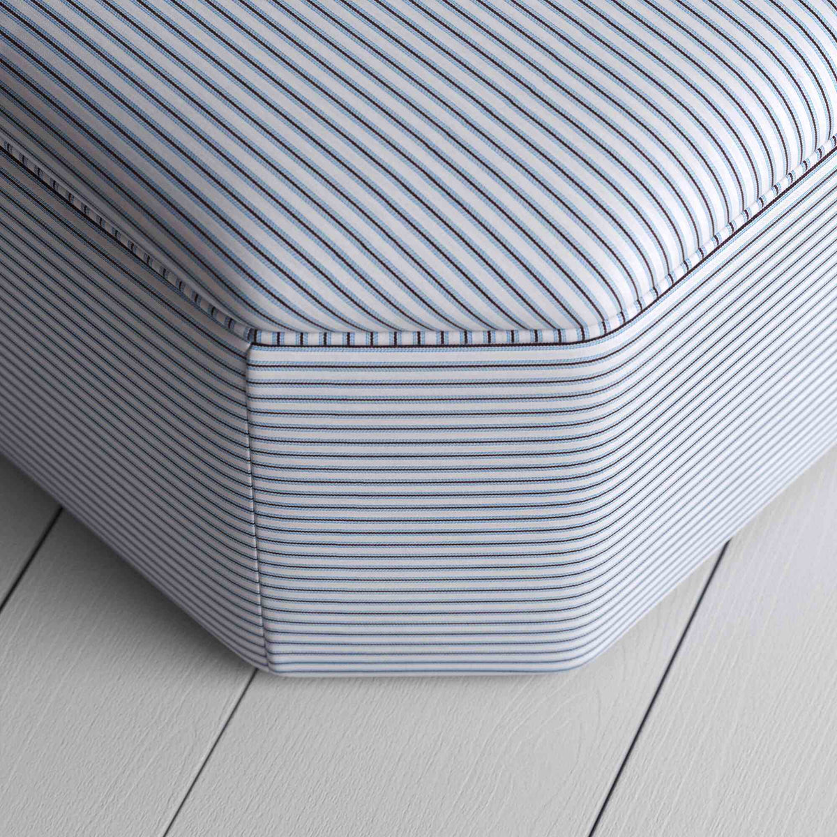 Top View Closeup of Ottoman in Ticking Cotton, Aqua Brown - By NiX