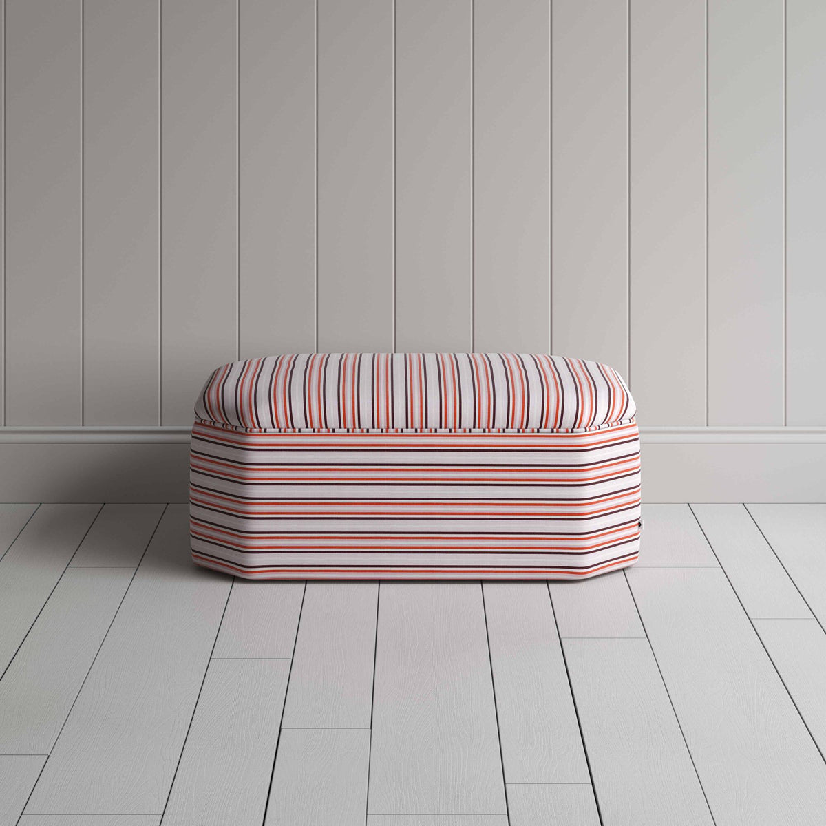 Front View of Ottoman in Slow Lane Cotton Linen, Berry - By Nicola Harding & Co.